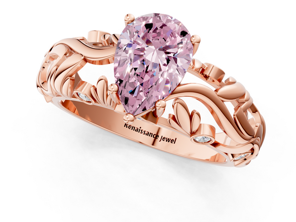 Rose gold Fancy Pink Pear Cut Solitaire Diamond Leaf-Inspired Vine Band Ring with Prong Setting