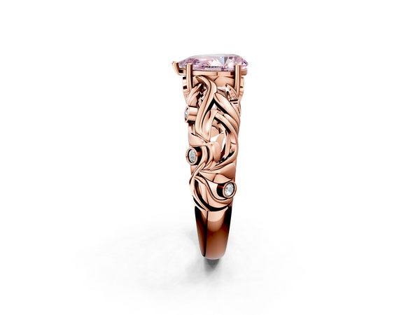 Rose gold Fancy Pink Pear Cut Solitaire Diamond Leaf-Inspired Vine Band Ring with Prong Setting