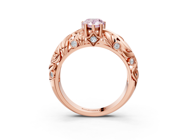 Rose gold Fancy Pink Pear Cut Solitaire Diamond Leaf-Inspired Vine Band Ring with Prong Setting