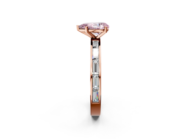 Rose gold Fancy Pink Pear  Solitaire Diamond Ring with Channel-Set Baguette Band and Four-Prong Setting