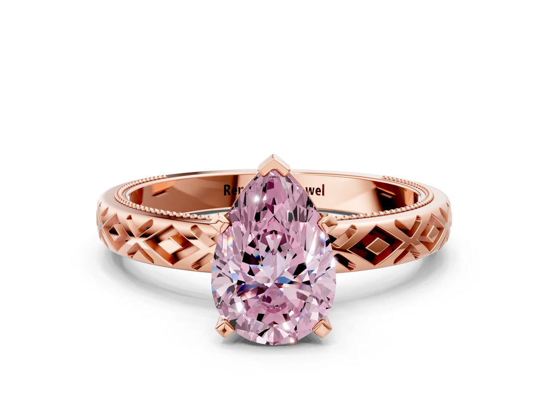 Rose gold Fancy Pink Pear  Solitaire Diamond Ring with Milgrain and Black Enamel X Pattern Band_184