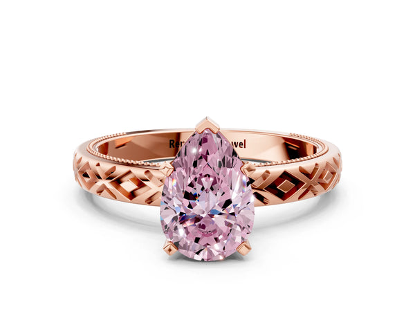 Rose gold Fancy Pink Pear  Solitaire Diamond Ring with Milgrain and Black Enamel X Pattern Band