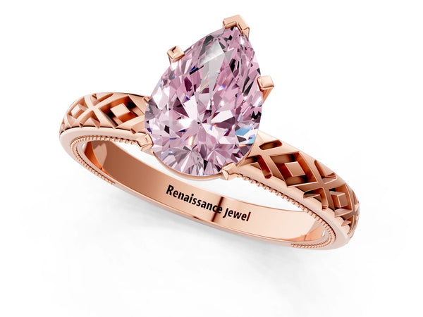 Rose gold Fancy Pink Pear  Solitaire Diamond Ring with Milgrain and Black Enamel X Pattern Band