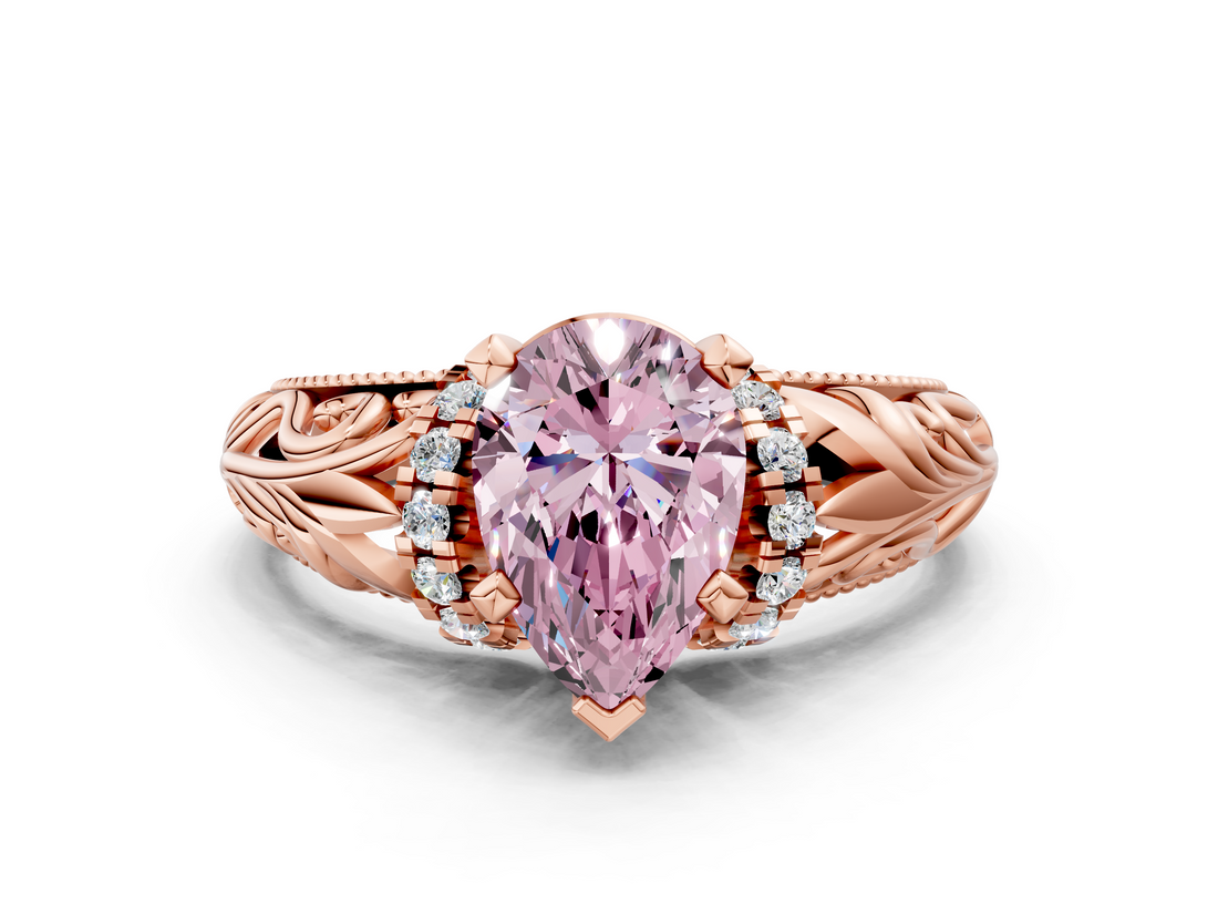 Rose gold Fancy Pink Pear  Solitaire Filigree Engagement Ring with Halo and Prong Setting_68