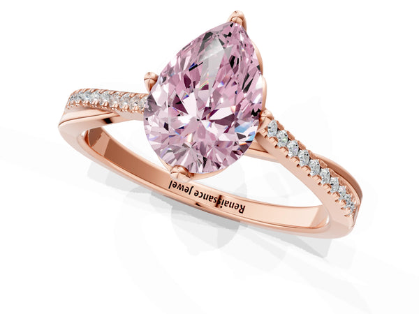 Rose gold Fancy Pink Pear  Solitaire Twist Band with Pavé Diamonds and Four-Prong Setting