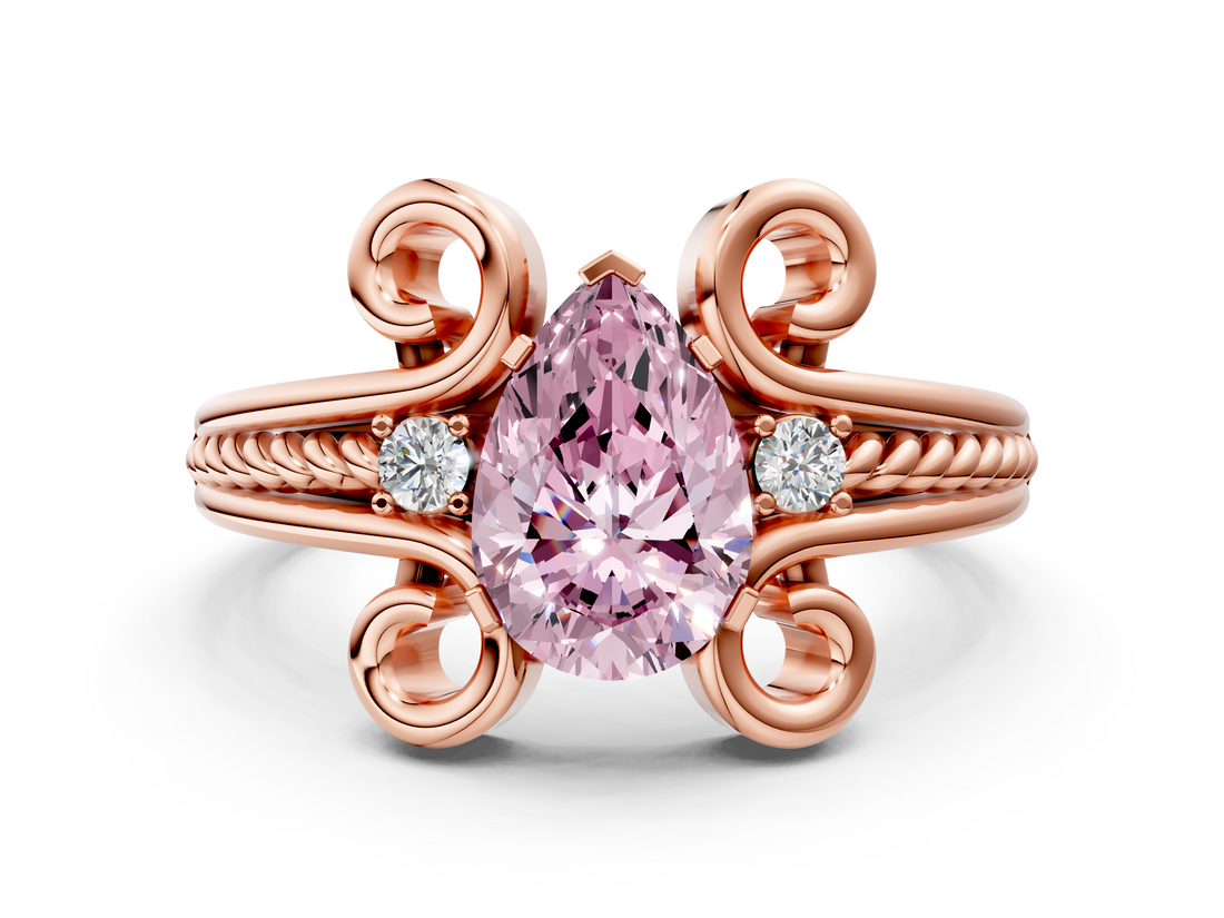 Rose gold Fancy Pink Pear  Solitaire Twisted Band Scroll Prong Ring_3