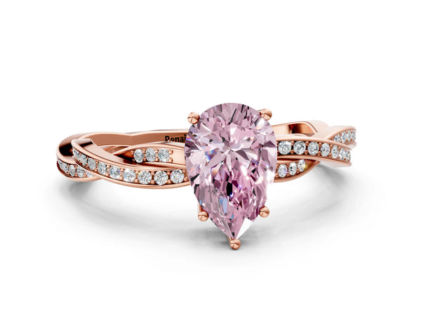 Rose gold Fancy Pink Pear  Solitaire Twisted Pave Diamond Ring with Four-Prong Setting