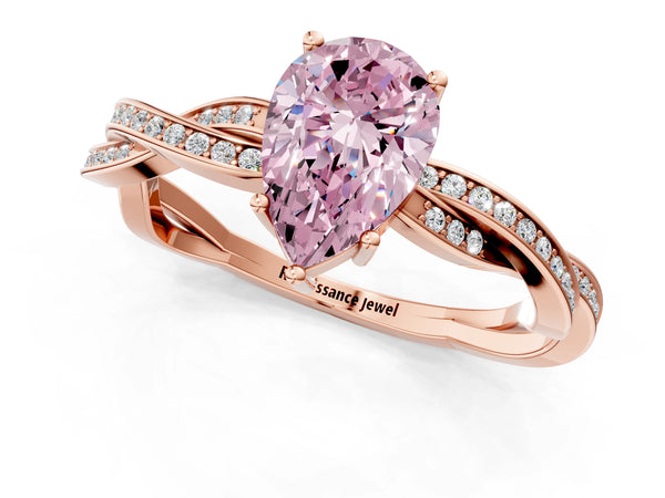 Rose gold Fancy Pink Pear  Solitaire Twisted Pave Diamond Ring with Four-Prong Setting