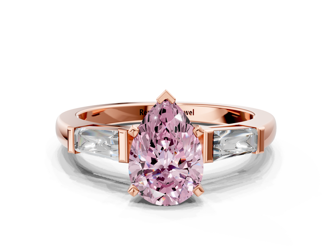 Rose gold Fancy Pink Pear  Solitaire with Tapered Baguette Side Stones on a Classic Band with Four-Prong Setting_87