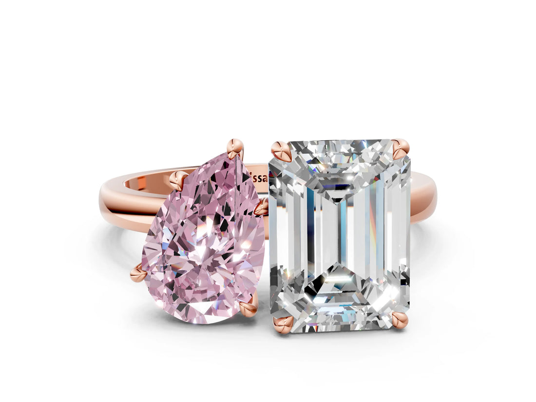 Rose gold Fancy Pink Pear  and Emerald Cut Toi Moi Ring with Prong Setting_63