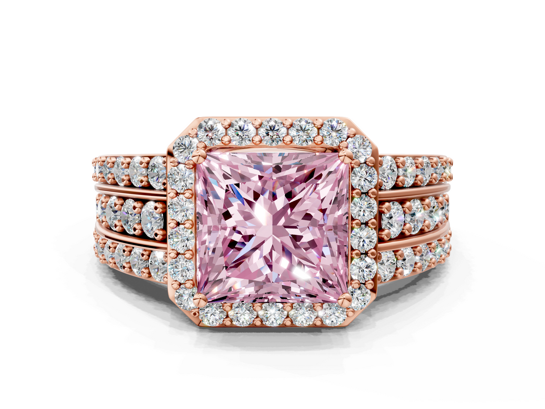 Rose gold Fancy Pink Princess -Cut Halo Diamond Ring with Split Shank and Four-Prong Setting_17