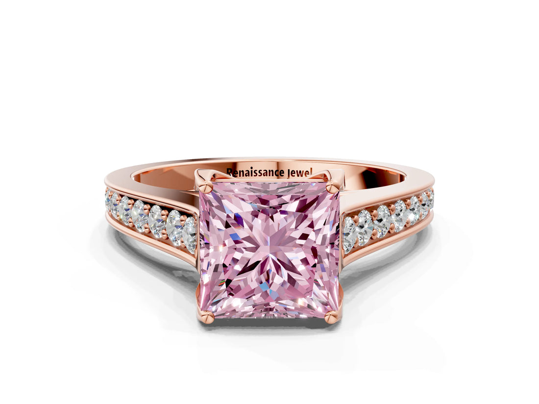 Rose gold Fancy Pink Princess  Brilliant Cut Diamond Engagement Ring with Pavé Band and Four-Prong Setting_29