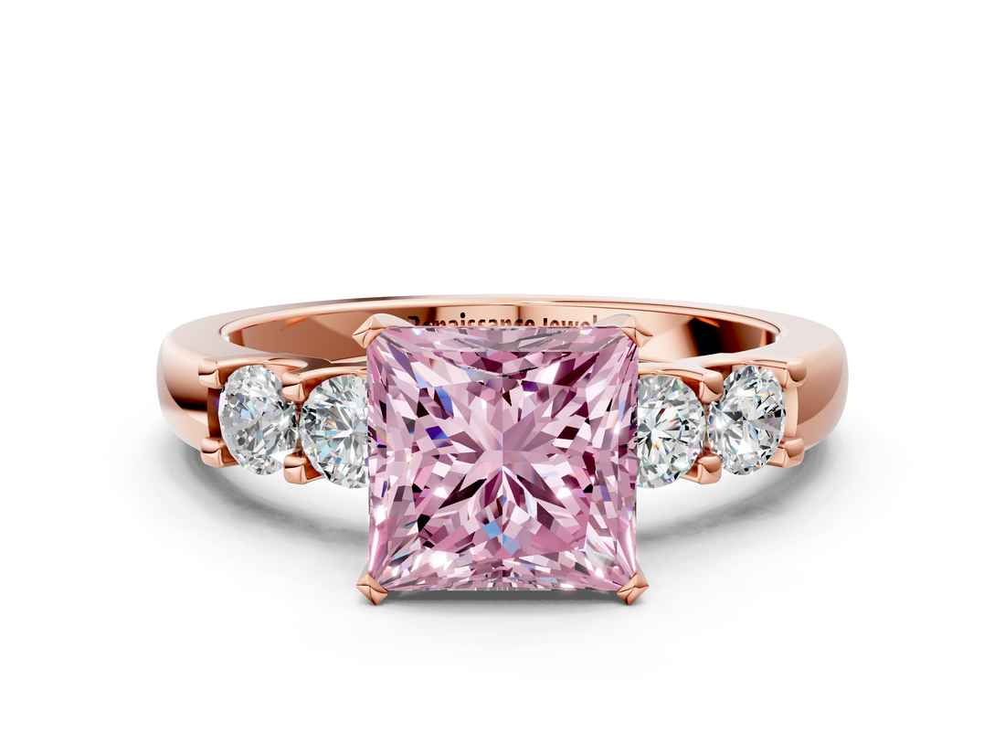 Rose gold Fancy Pink Princess  Brilliant Cut Diamond Five-Stone Prong Set Engagement Ring with Channel Band