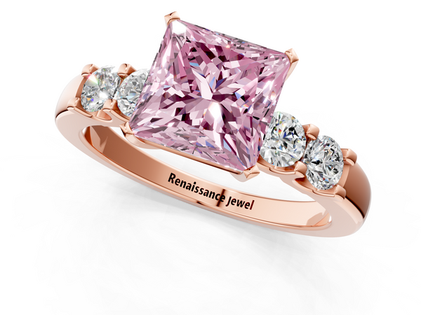 Rose gold Fancy Pink Princess  Brilliant Cut Diamond Five-Stone Prong Set Engagement Ring with Channel Band