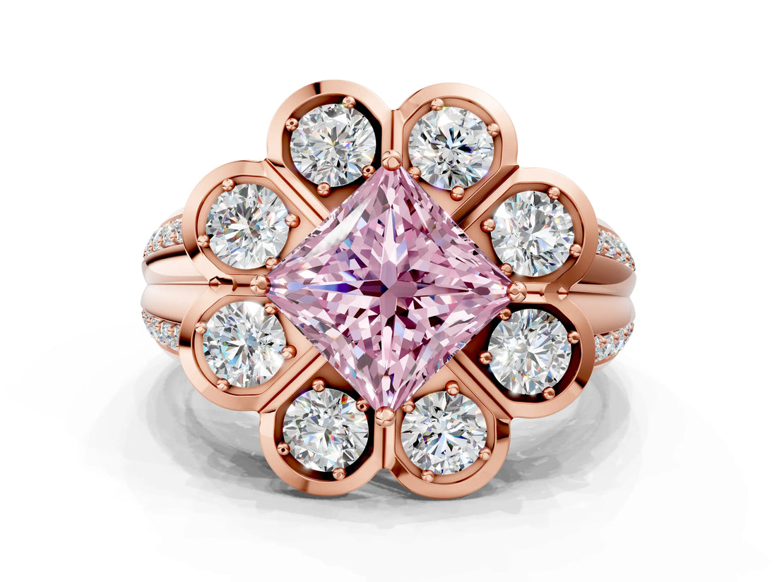 Rose gold Fancy Pink Princess  Brilliant Flower Halo Diamond Split Shank Ring_45