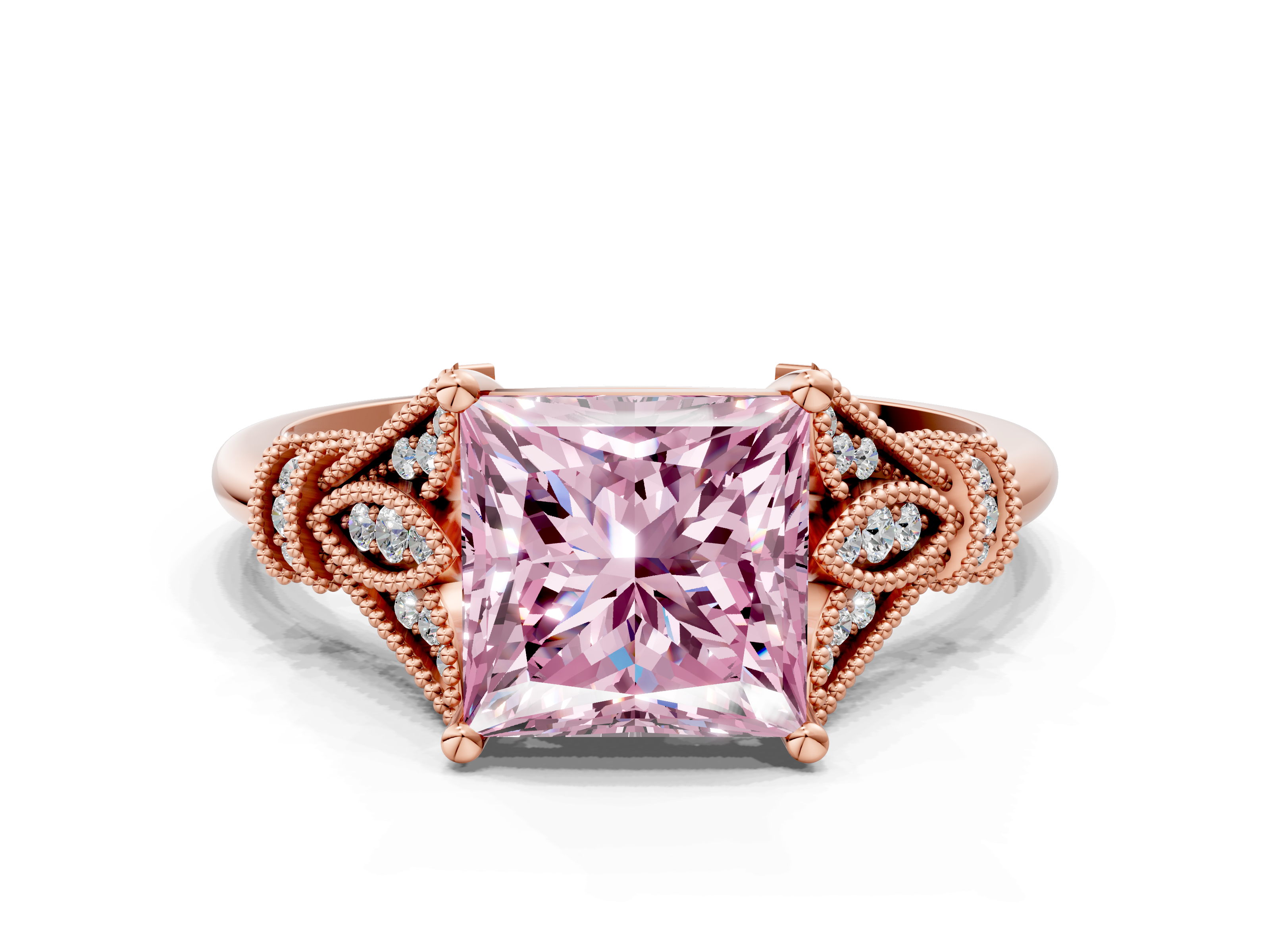 Rose gold Fancy Pink Princess Brilliant Solitaire with Pave Band and F