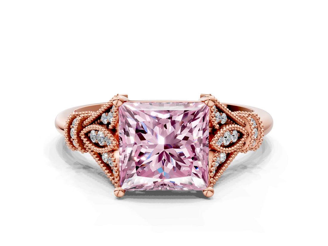 Rose gold Fancy Pink Princess  Brilliant Solitaire with Pave Band and Four-Prong Setting