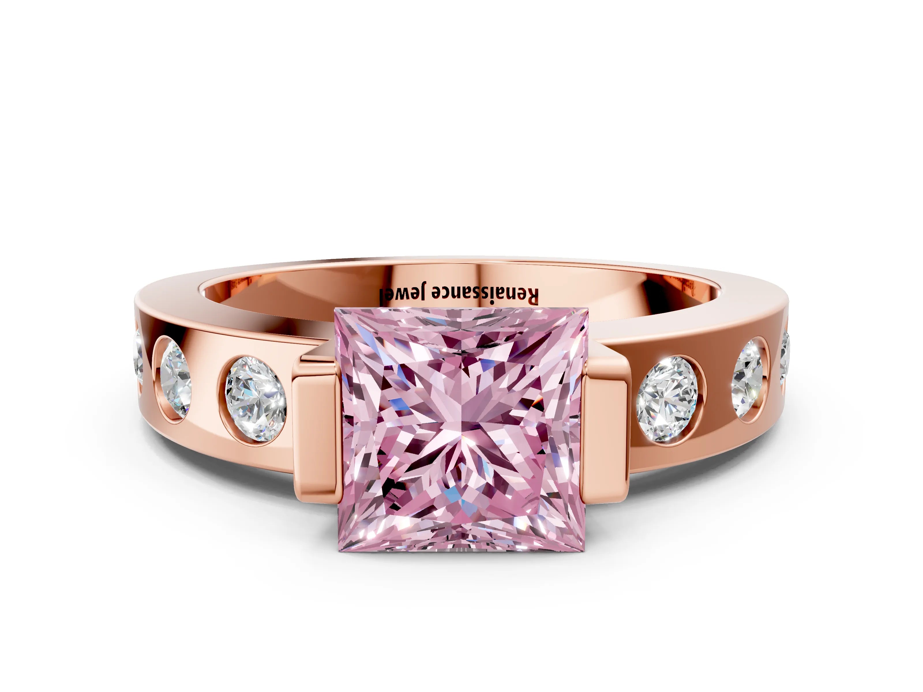 Rose gold Fancy Pink Princess Cut Brilliant Channel-Set Diamond Ring with Bezel Prong Setting