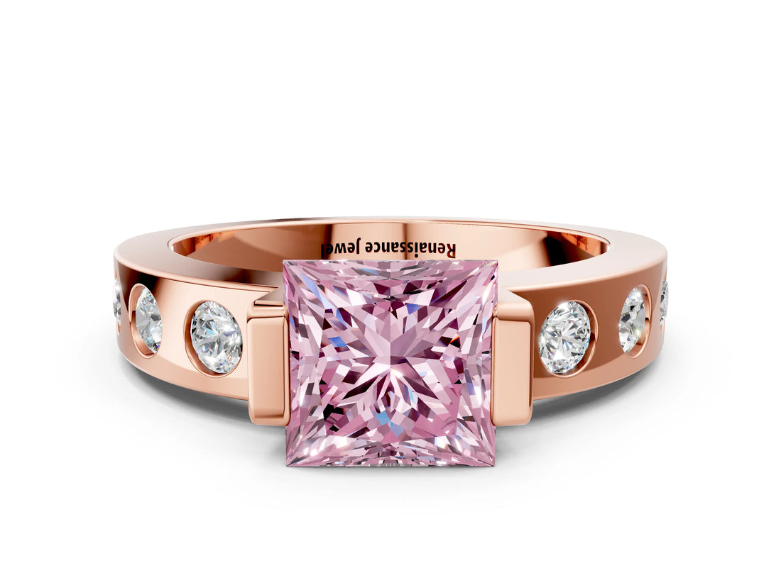 Rose gold Fancy Pink Princess Cut Brilliant Channel-Set Diamond Ring with Bezel Prong Setting