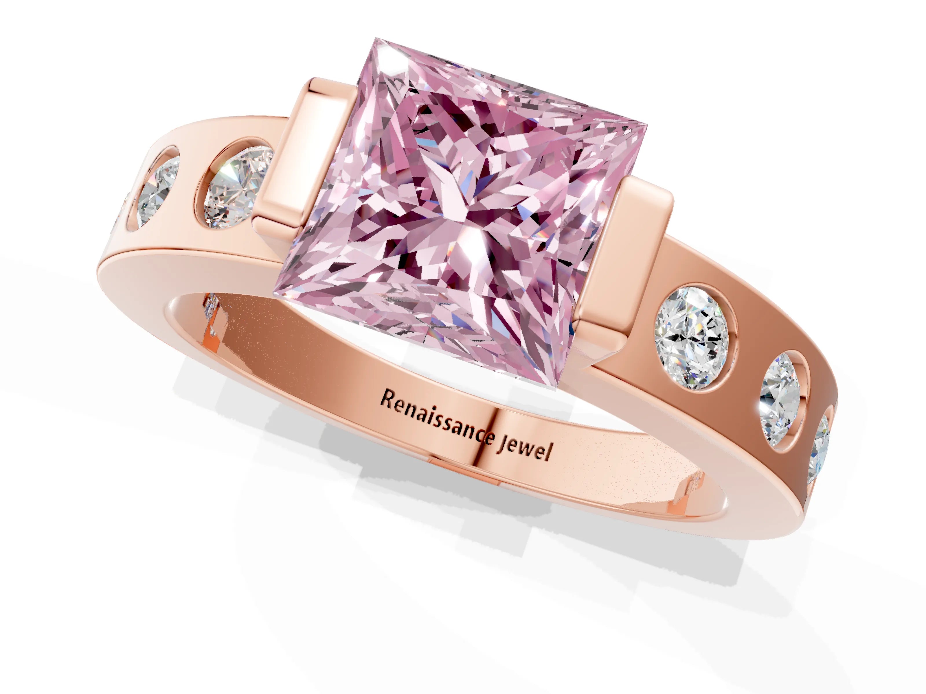 Rose gold Fancy Pink Princess Cut Brilliant Channel-Set Diamond Ring with Bezel Prong Setting_1