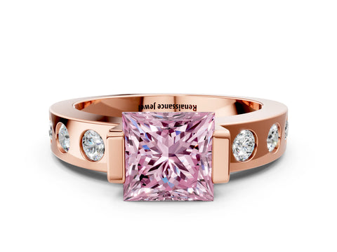 Rose gold Fancy Pink Princess Cut Brilliant Channel-Set Diamond Ring with Bezel Prong Setting