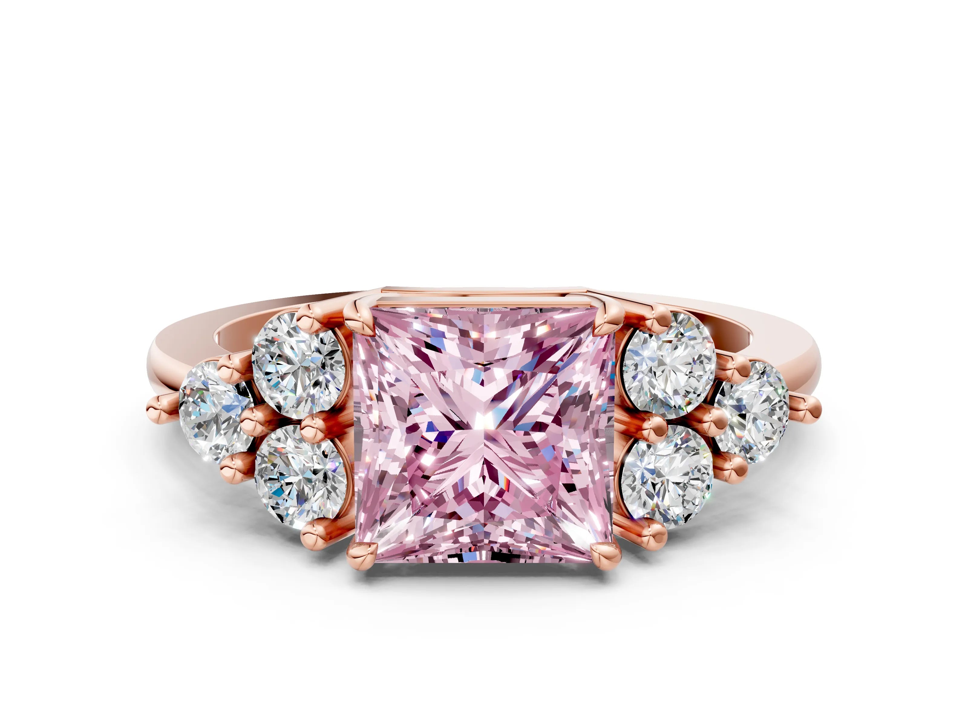 Rose gold Fancy Pink Princess Cut Brilliant Diamond Cluster Accent Solitaire Ring with Prong Setting
