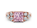 Rose gold Fancy Pink Princess Cut Brilliant Diamond Cluster Accent Solitaire Ring with Prong Setting