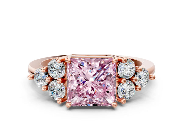 Rose Gold Princess Cut Cluster Side Stone Engagement Ring Setting for Fancy Pink Center
