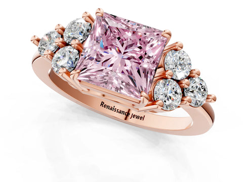 Rose gold Fancy Pink Princess Cut Brilliant Diamond Cluster Accent Solitaire Ring with Prong Setting_1