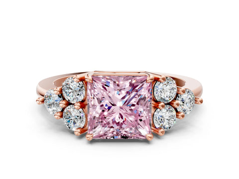 Rose gold Fancy Pink Princess Cut Brilliant Diamond Cluster Accent Solitaire Ring with Prong Setting