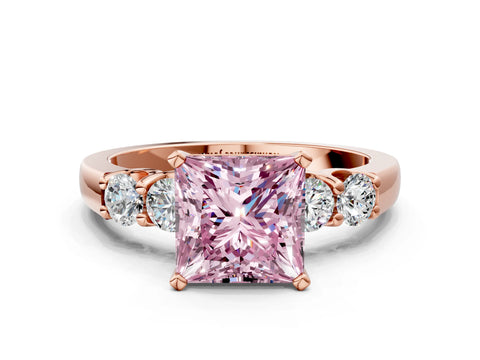 Rose gold Fancy Pink Princess Cut Brilliant Diamond Five-Stone Engagement Ring with Prong Setting on a Classic Band_3