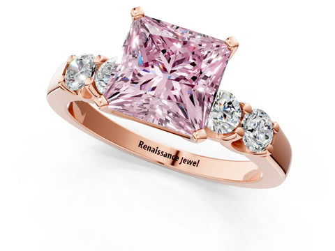 Rose gold Fancy Pink Princess Cut Brilliant Diamond Five-Stone Engagement Ring with Prong Setting on a Classic Band_4