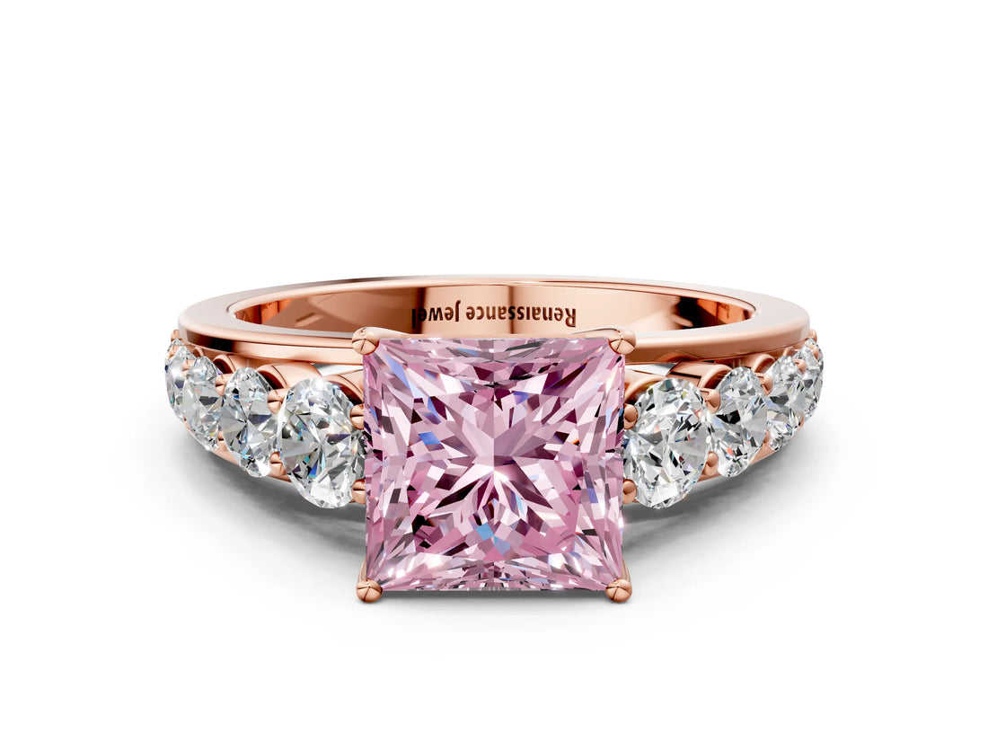 Rose gold Fancy Pink Princess Cut Brilliant Diamond Pavé Band with Six-Prong Setting