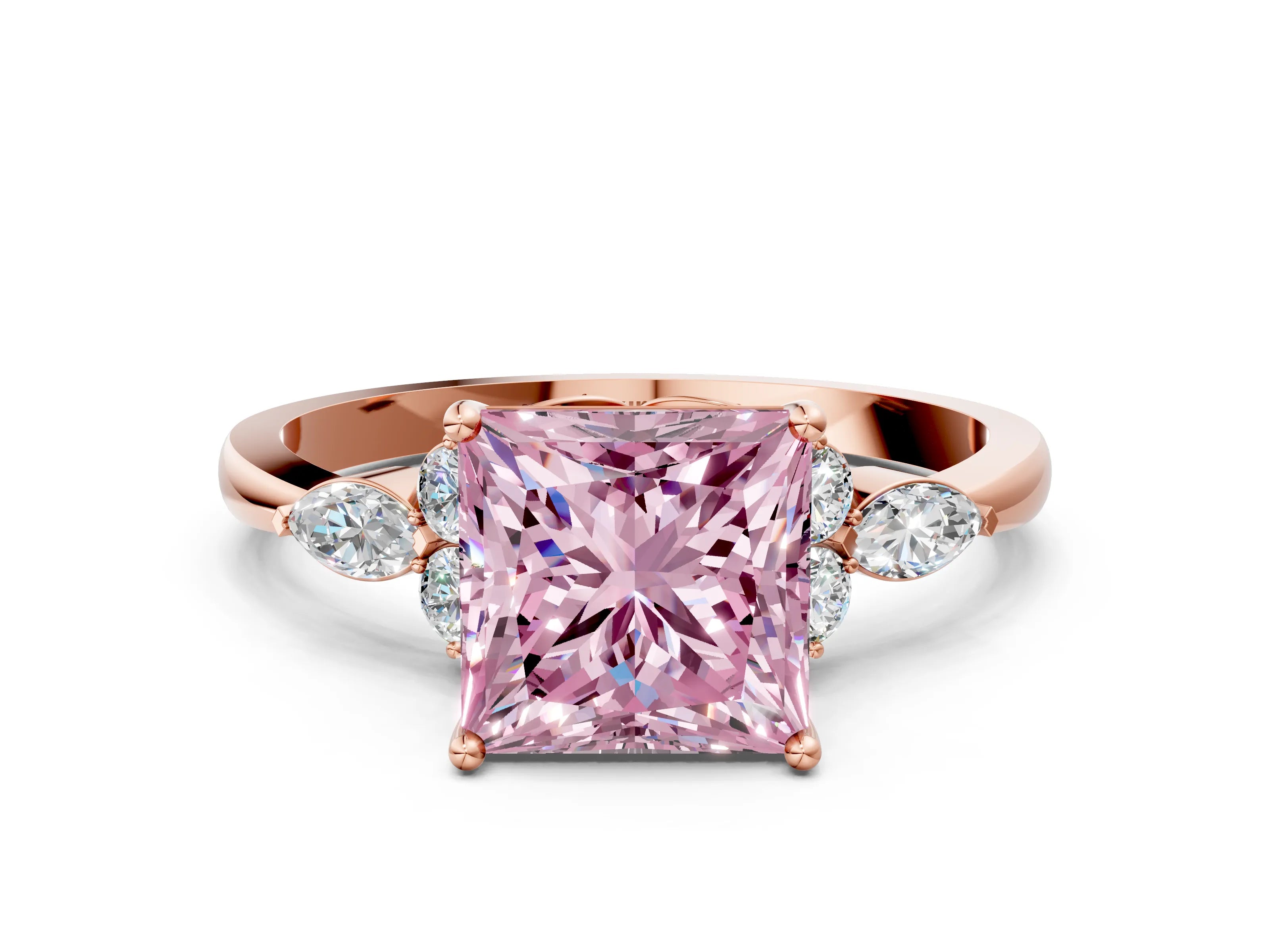 Rose gold Fancy Pink Princess Cut Brilliant Diamond Solitaire Ring with Pear Side Stones and Four-Prong Setting_3
