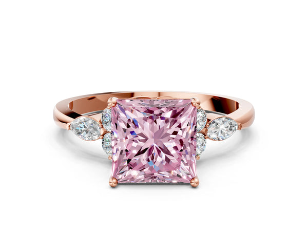 Rose gold Fancy Pink Princess Cut Brilliant Diamond Solitaire Ring with Pear Side Stones and Four-Prong Setting