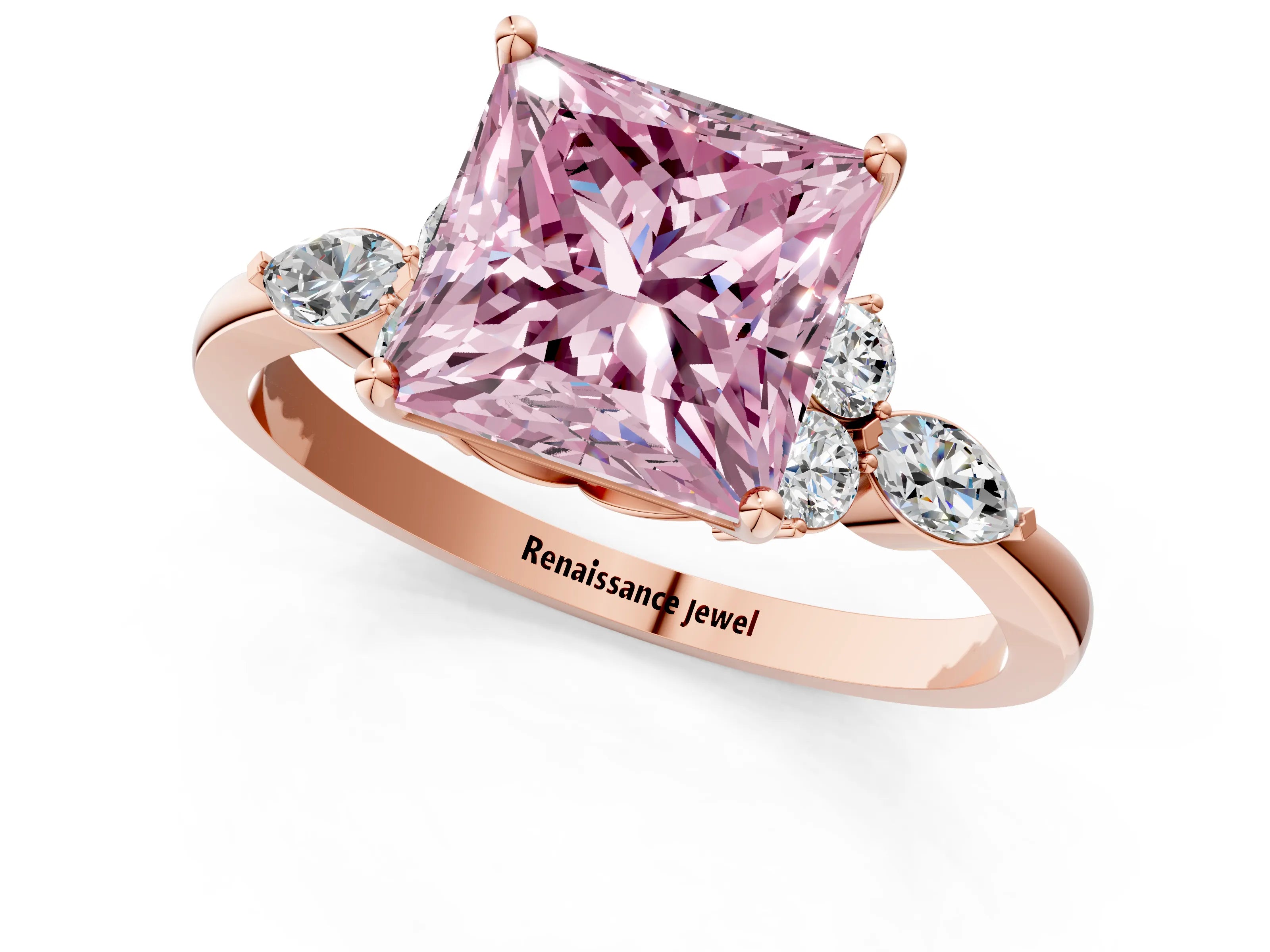 Rose gold Fancy Pink Princess Cut Brilliant Diamond Solitaire Ring with Pear Side Stones and Four-Prong Setting_4