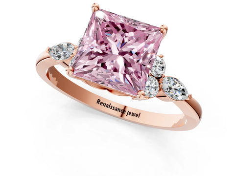 Rose gold Fancy Pink Princess Cut Brilliant Diamond Solitaire Ring with Pear Side Stones and Four-Prong Setting_4