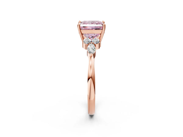 Rose gold Fancy Pink Princess Cut Brilliant Diamond Solitaire Ring with Pear Side Stones and Four-Prong Setting