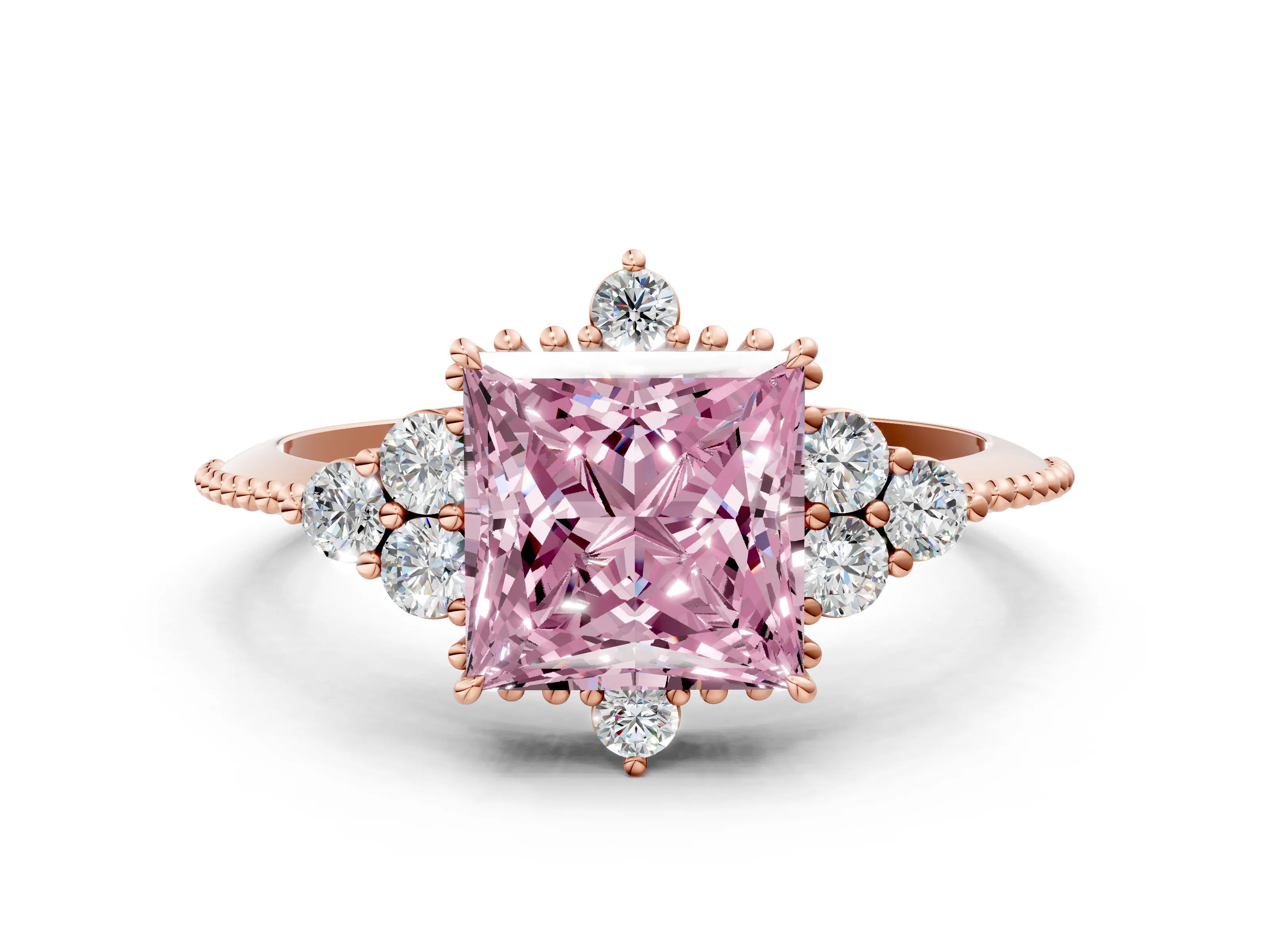 Rose gold Fancy Pink Princess Cut Brilliant Diamond with Cluster Setting on a Beaded Band and Four-Prong Setting