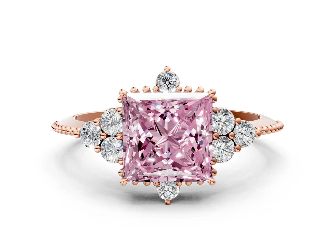 Rose gold Fancy Pink Princess Cut Brilliant Diamond with Cluster Setting on a Beaded Band and Four-Prong Setting