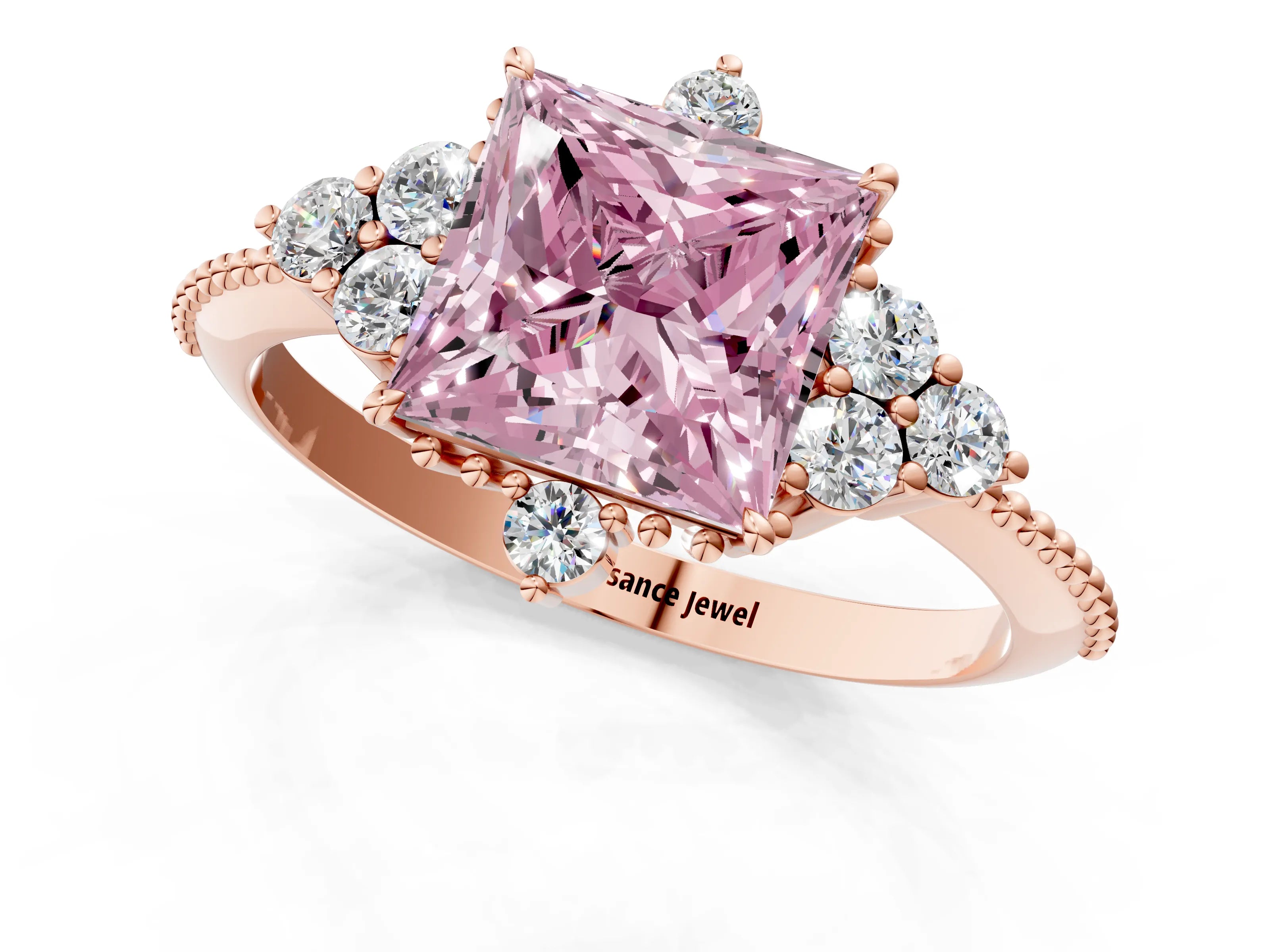 Rose gold Fancy Pink Princess Cut Brilliant Diamond with Cluster Setting on a Beaded Band and Four-Prong Setting_1