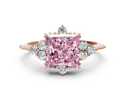 Rose gold Fancy Pink Princess Cut Brilliant Diamond with Cluster Setting on a Beaded Band and Four-Prong Setting