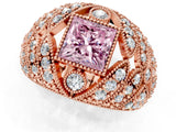Rose gold Fancy Pink Princess Cut Brilliant Halo Pave Diamond Milgrain Ring_1