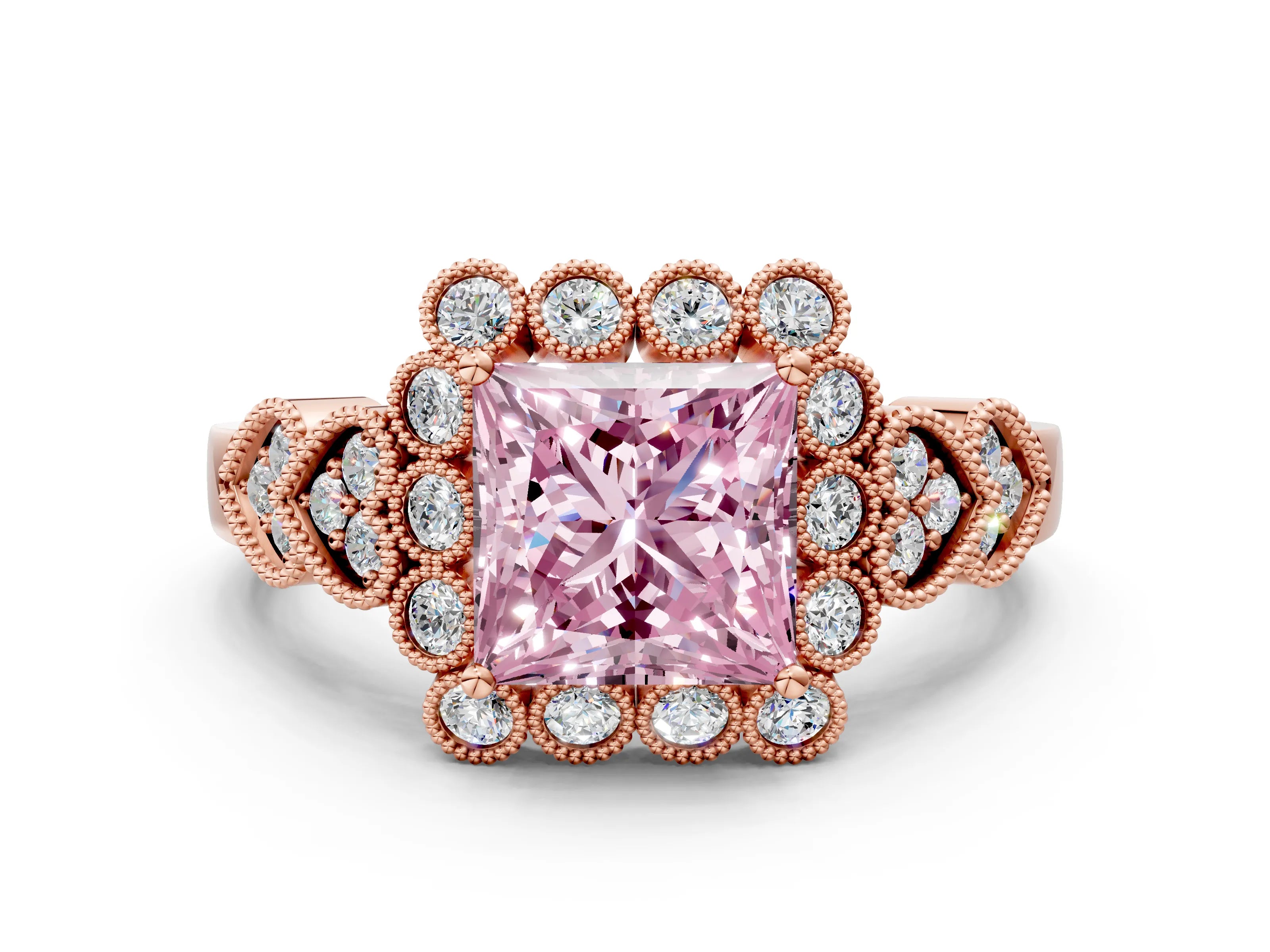 Rose gold Fancy Pink Princess Cut Brilliant Milgrain Pave Heart Band Solitaire Ring