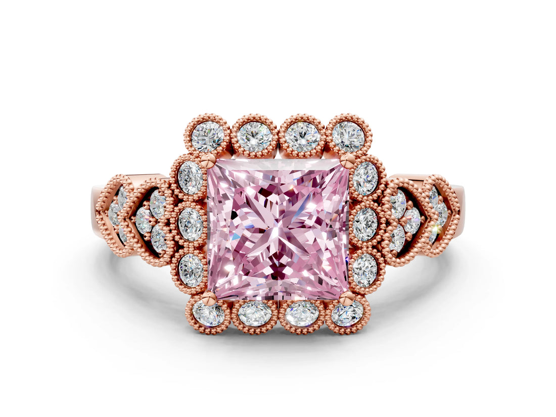 Rose gold Fancy Pink Princess Cut Brilliant Milgrain Pave Heart Band Solitaire Ring