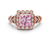 Rose gold Fancy Pink Princess Cut Brilliant Milgrain Pave Heart Band Solitaire Ring
