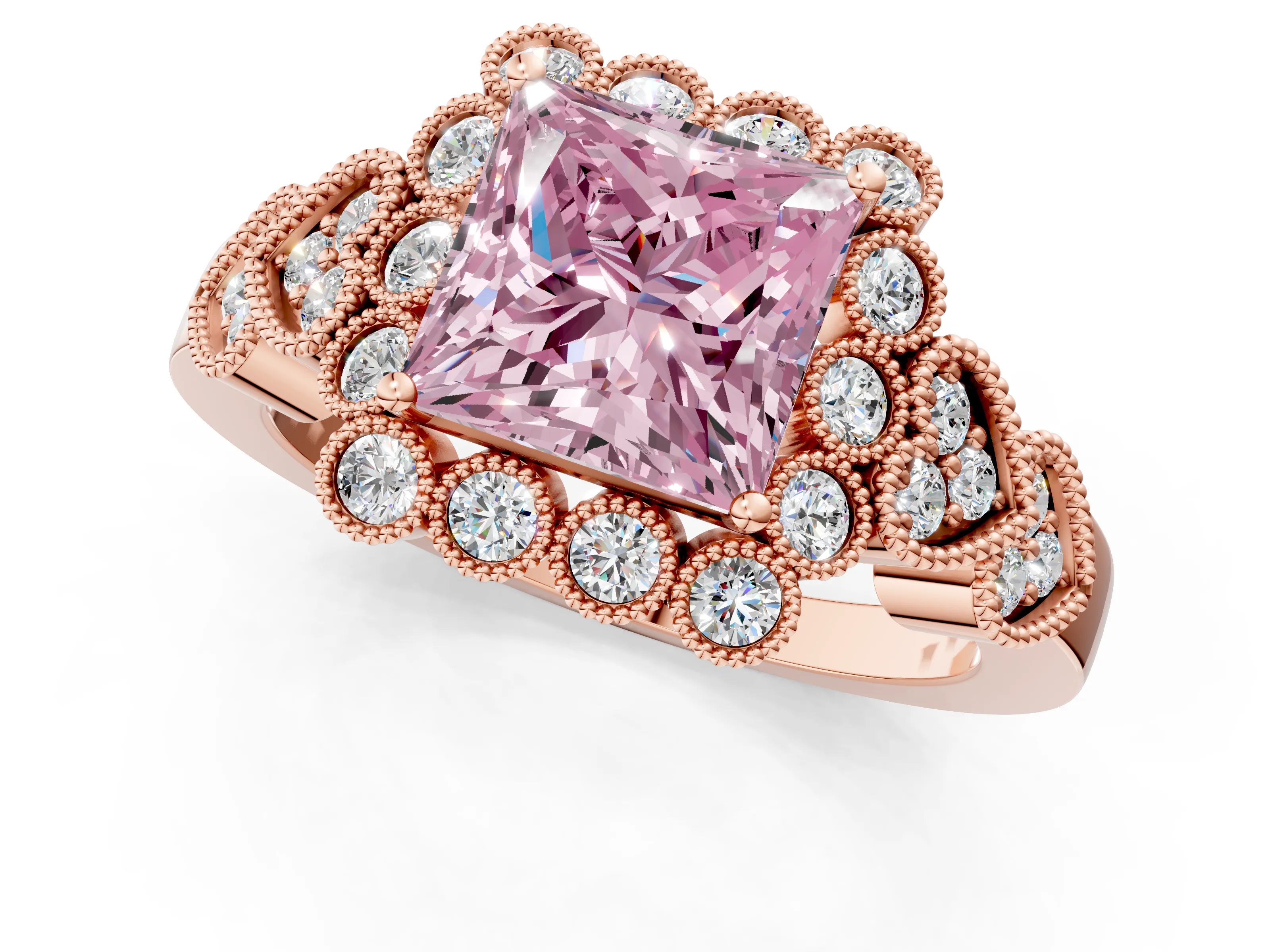 Rose gold Fancy Pink Princess Cut Brilliant Milgrain Pave Heart Band Solitaire Ring_1