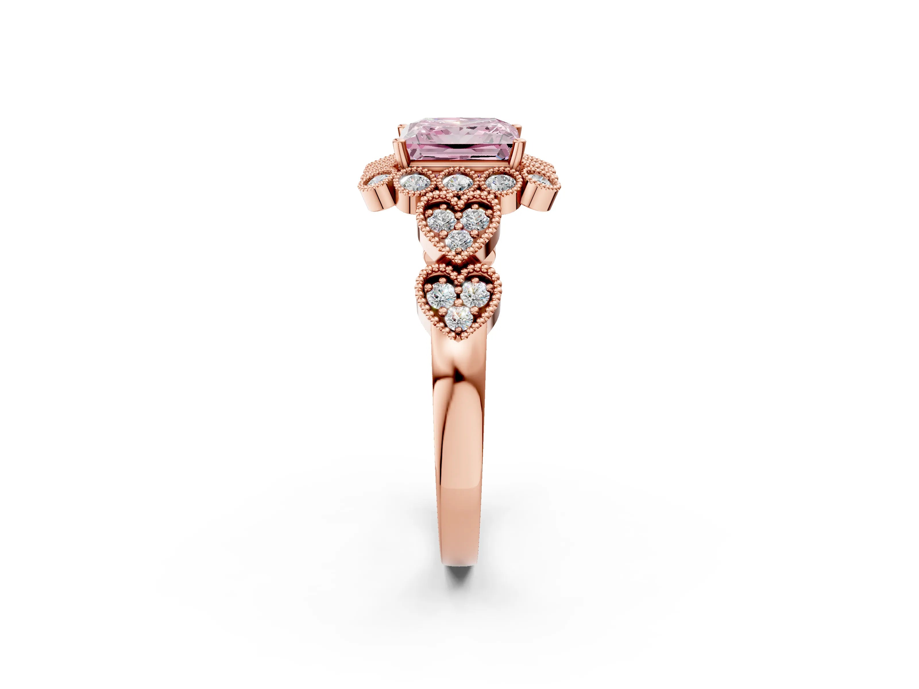 Rose gold Fancy Pink Princess Cut Brilliant Milgrain Pave Heart Band Solitaire Ring_2