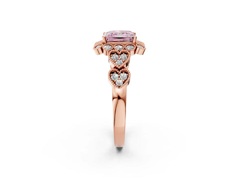 Rose gold Fancy Pink Princess Cut Brilliant Milgrain Pave Heart Band Solitaire Ring_2