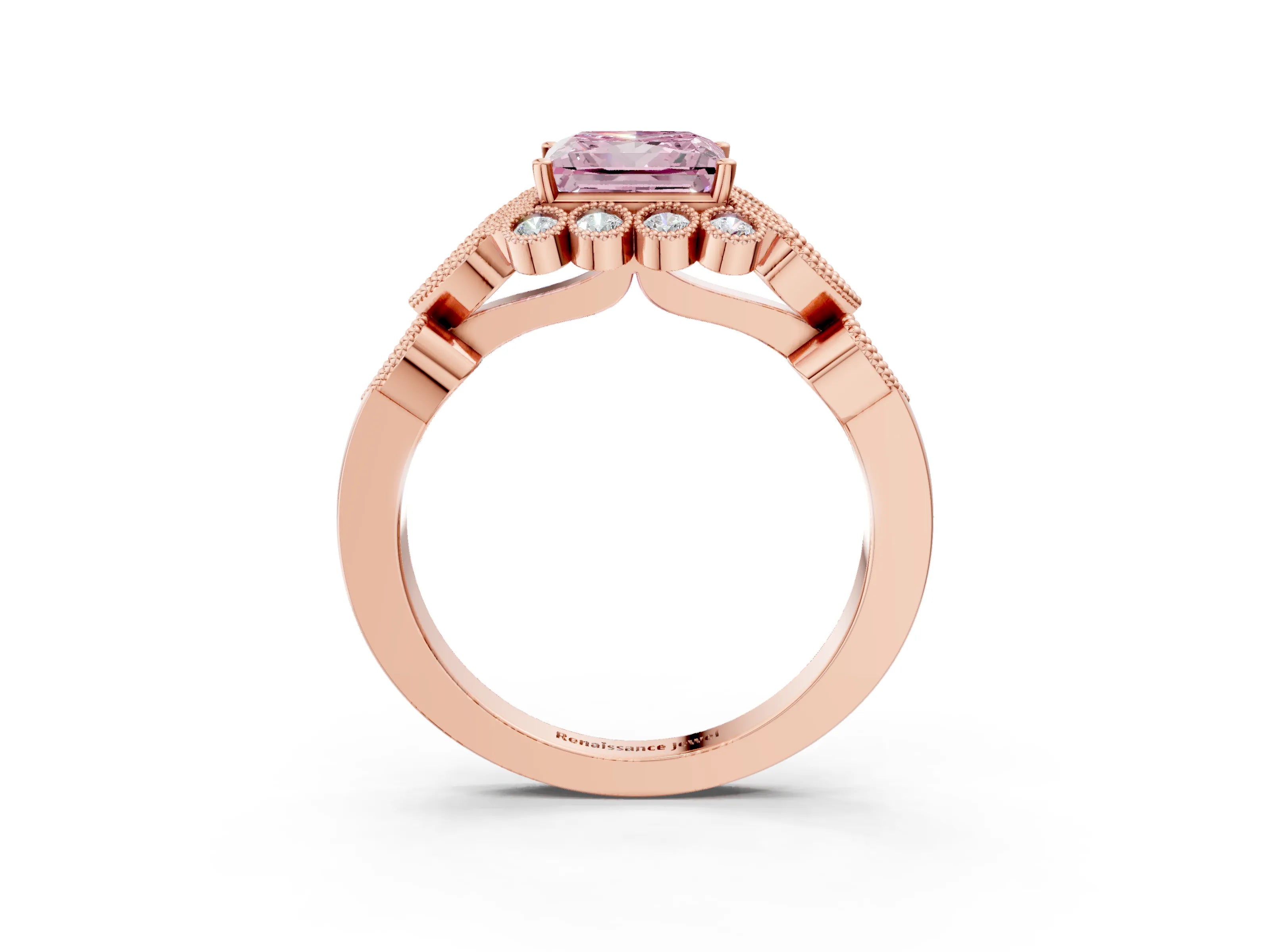 Rose gold Fancy Pink Princess Cut Brilliant Milgrain Pave Heart Band Solitaire Ring_3